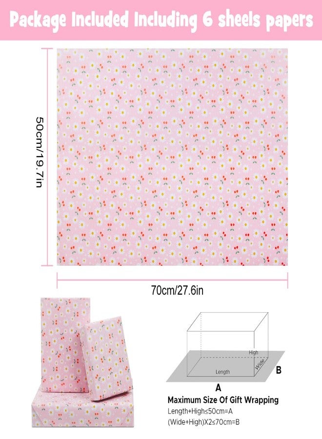 AirCool White and Yellow Daisy Floral With Red Cherries On Pink Gift Wrapping Paper 6 Sheets For Kids Girls Boys Women, 20 x 30 inch Flower Gift Wrap for Birthday Baby Shower Wedding Holiday Christening - Image 2